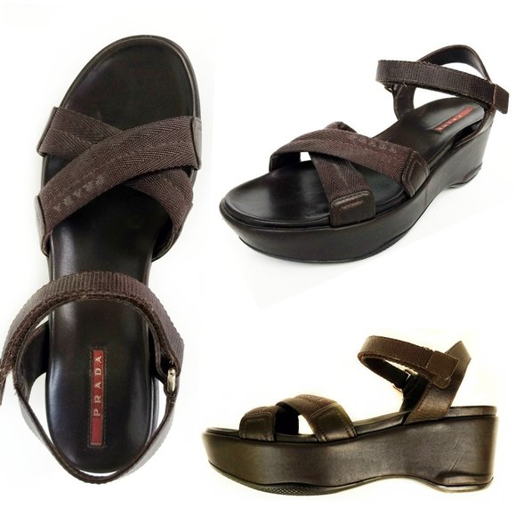 Prada Shoes - HOLD Prada Crisscross Brown Platform Sandal Size